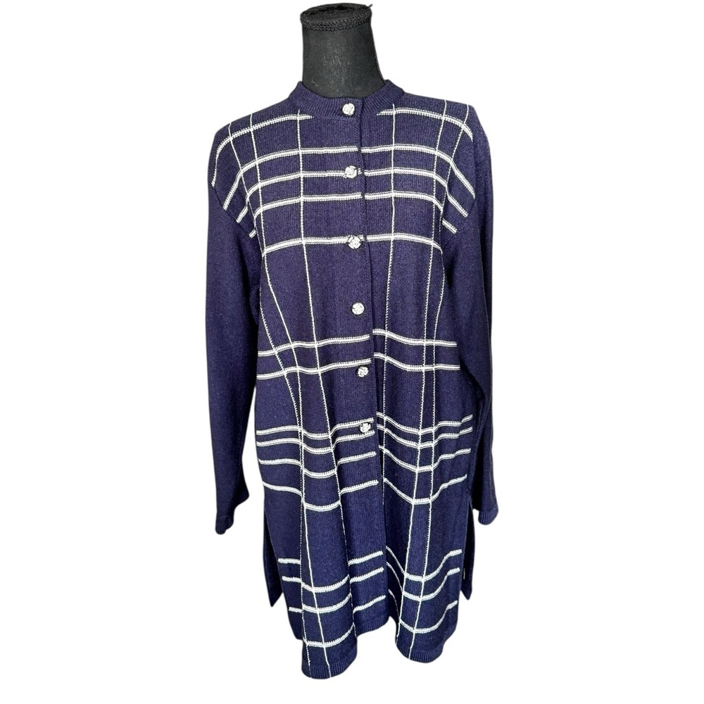 ALNORA Al Spokavicius VTG Knit Cardigan Tunic Navy White Minimalist L Wool U34